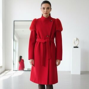 Frizman red virgin wool wrap coat with fur shoulder detail - size Medium